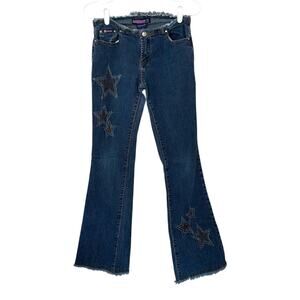 Bubblegum USA Y2K Wide Leg Flare Low Rise Frayed Jeans Size 7/8 Embroidered